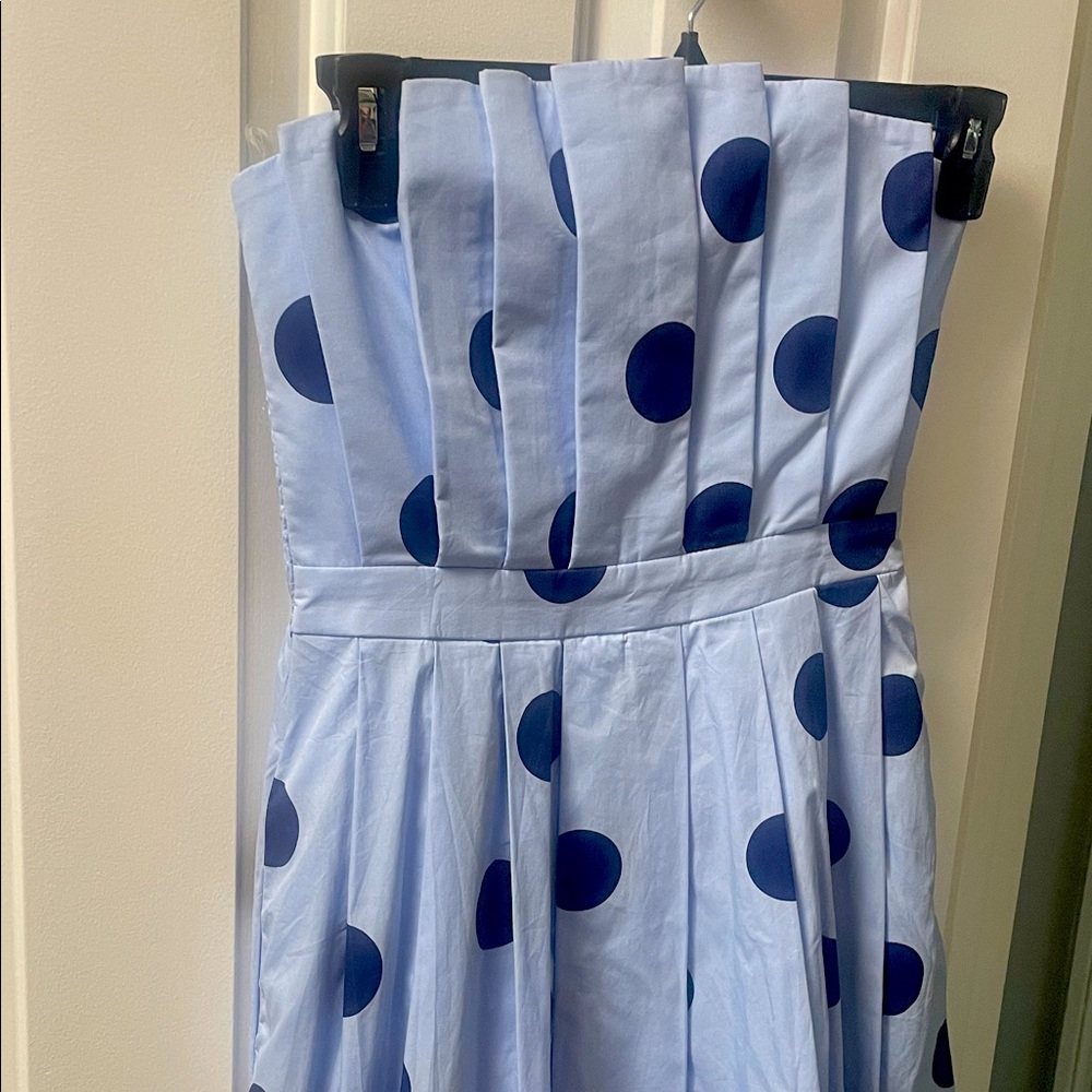 Blue Polka Dot Strapless Dress fully lined 
Has pockets 
Never worn